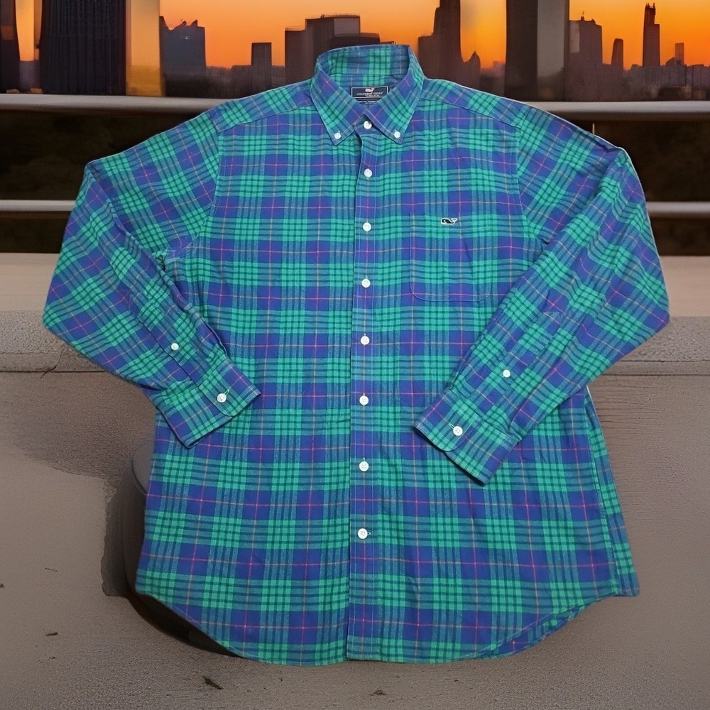 Vineyard Vines Flannel Shirt Slim Fit Tucker Button Up Men's L Plaid Green‎ Blue